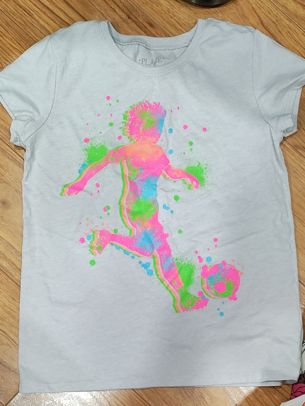The Children's Place Light Gray Tee with Neon Soccer Player Graphic